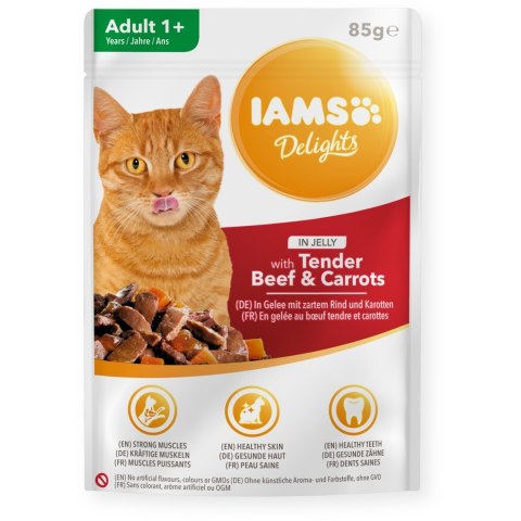 EUKANUBA IAMS Delights Adult z wołowiną i marchewką w galarecie 85g kot