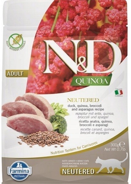 Farmina FARMINA N&D Quinoa Cat Duck, Broccoli, Asparagus Neutered Adult - sucha karma dla kota - 300 g