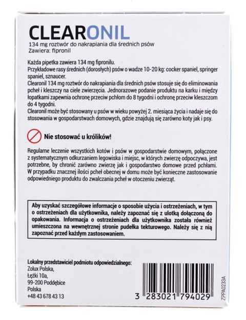 FRANCODEX FRANCODEX Clearonil Średnie psy - krople przeciw kleszczom i pchłom dla psa - 3x134 mg