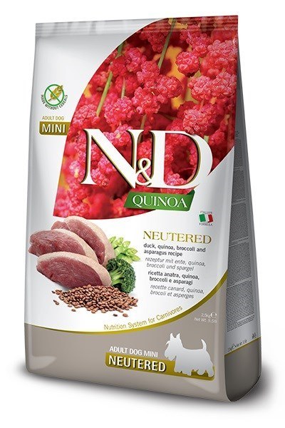 Farmina FARMINA N&D Quinoa Dog Duck, Broccoli, Asparagus Neutered Adult Mini - sucha karma dla psa - 2.5 kg