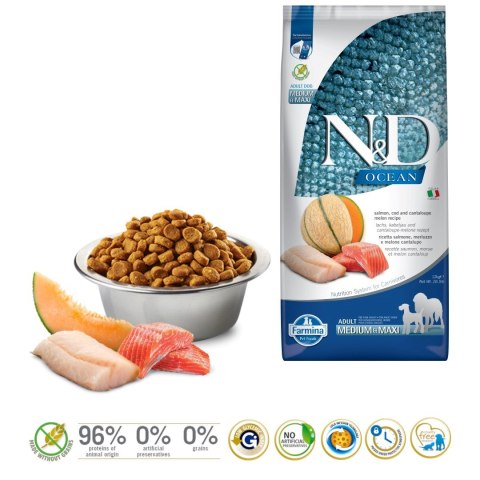 Farmina FARMINA N&D Ocean Dog Salmon, Cod, Cantaloupe, Melon Adult Medium&Maxi- sucha karma dla psa - 12 kg Farmina FARMINA N&D Ocean Dog Salmon, Cod, Cantaloupe, Melon Adult Medium&Maxi- sucha karma dla psa - 12 kg