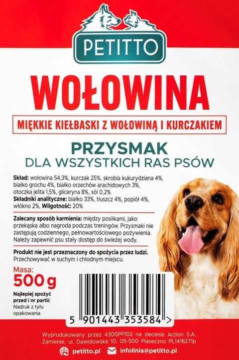 PETITTO PETITTO Miękkie kiełbaski z wołowiną - przysmak dla psa - 500g PETITTO PETITTO Miękkie kiełbaski z wołowiną - przysmak dla psa - 500g