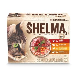 SHELMA SHELMA saszetka - pełnoporcjowa bezzbożowa karma dla dorosłych kotów. Z kurczakiem, wołowiną, indykiem, kaczką 12x 85 g