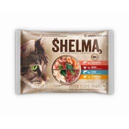 SHELMA SHELMA saszetka - pełnoporcjowa bezzbożowa karma dla dorosłych kotów. Z łososiem, dorszem, wołowiną i kurczakiem 4x85g