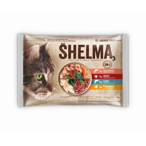 SHELMA SHELMA saszetka - pełnoporcjowa bezzbożowa karma dla dorosłych kotów. Z łososiem, dorszem, wołowiną i kurczakiem 4x85g SHELMA SHELMA saszetka - pełnoporcjowa bezzbożowa karma dla dorosłych kotów. Z łososiem, dorszem, wołowiną i kurczakiem 4x85g