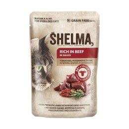 SHELMA SHELMA saszetka - pełnoporcjowa bezzbożowa karma dla dorosłych kotów. Z łososiem, dorszem, wołowiną i kurczakiem 4x85g