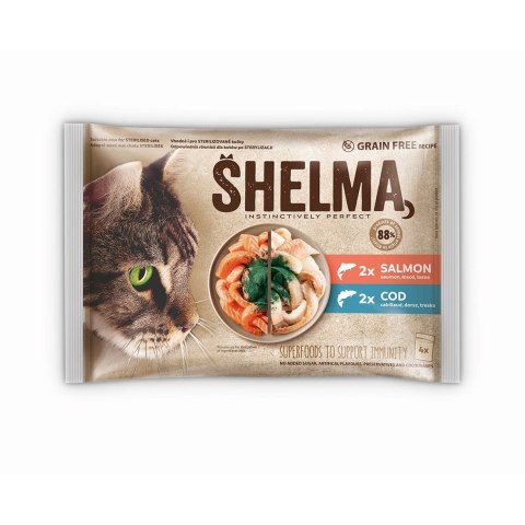 SHELMA SHELMA saszetka - pełnoporcjowa bezzbożowa karma dla dorosłych kotów. Z łososiem i dorszem 4x85g SHELMA SHELMA saszetka - pełnoporcjowa bezzbożowa karma dla dorosłych kotów. Z łososiem i dorszem 4x85g