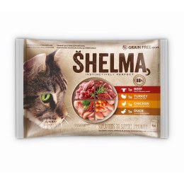 SHELMA SHELMA saszetki - pełnoporcjowa bezzbożowa karma dla dorosłych kotów. Z kurczakiem, wołowiną, kaczką i indykiem 4x85g