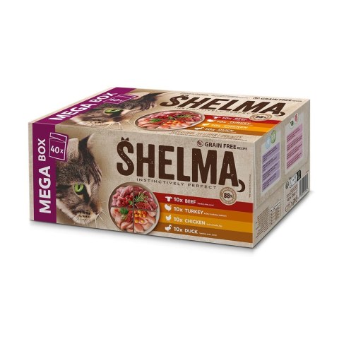 SHELMA SHELMA saszetki - pełnoporcjowa bezzbożowa karma dla dorosłych kotów. Z wołowiną, kaczką, kurczakiem i indykiem. 40x85g SHELMA SHELMA saszetki - pełnoporcjowa bezzbożowa karma dla dorosłych kotów. Z wołowiną, kaczką, kurczakiem i indykiem. 40x85g