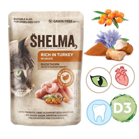SHELMA SHELMA saszetka - pełnoporcjowa bezzbożowa karma dla dorosłych kotów. Bogata w indyka, z rokitnikiem w sosie 85g SHELMA SHELMA saszetka - pełnoporcjowa bezzbożowa karma dla dorosłych kotów. Bogata w indyka, z rokitnikiem w sosie 85g