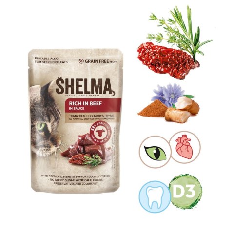 SHELMA SHELMA saszetka - pełnoporcjowa bezzbożowa karma dla dorosłych kotów. Bogata w wołowinę, z pomidorami i ziołami w sosie 85 g SHELMA SHELMA saszetka - pełnoporcjowa bezzbożowa karma dla dorosłych kotów. Bogata w wołowinę, z pomidorami i ziołami w sosie 85 g