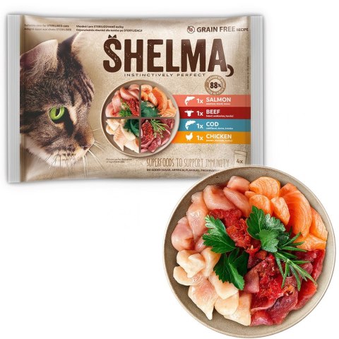 SHELMA SHELMA saszetka - pełnoporcjowa bezzbożowa karma dla dorosłych kotów. Z łososiem, dorszem, wołowiną i kurczakiem 4x85g SHELMA SHELMA saszetka - pełnoporcjowa bezzbożowa karma dla dorosłych kotów. Z łososiem, dorszem, wołowiną i kurczakiem 4x85g