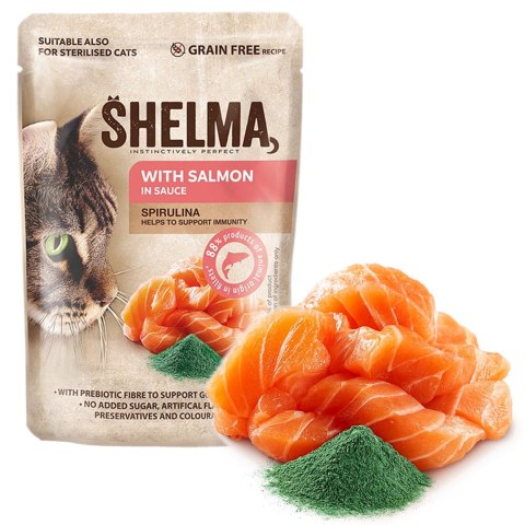 SHELMA SHELMA saszetka z łososiem i spiruliną dla kota 85g SHELMA SHELMA saszetka z łososiem i spiruliną dla kota 85g