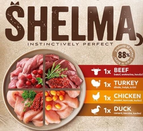 SHELMA SHELMA saszetki - pełnoporcjowa bezzbożowa karma dla dorosłych kotów. Z kurczakiem, wołowiną, kaczką i indykiem 4x85g SHELMA SHELMA saszetki - pełnoporcjowa bezzbożowa karma dla dorosłych kotów. Z kurczakiem, wołowiną, kaczką i indykiem 4x85g